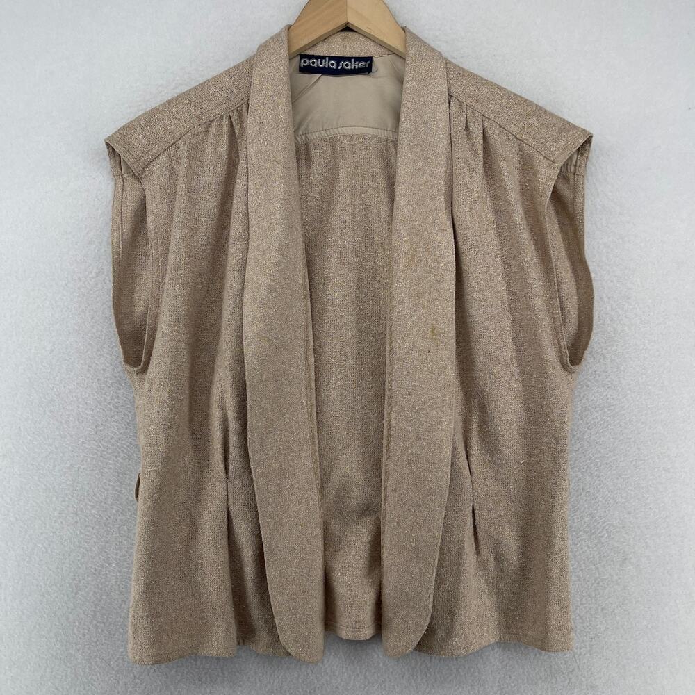 PAULA SAKER Vest Women L BAIRD MCNUTT Open Front Tweed Silk Wool Beige Vtg